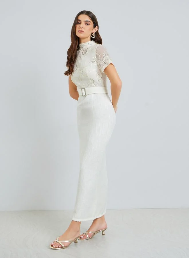 ستايلي فستان طويل نسائي ضيق من الدانتيل بأكمام قصيرة